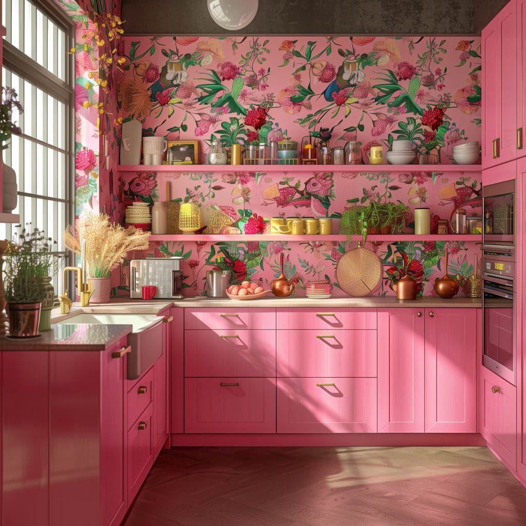 A vibrant eclectic kitchen with pink cabinets, bold patterned wallpaper, and retro appliances. The design includes colorful accessories and open shelving.