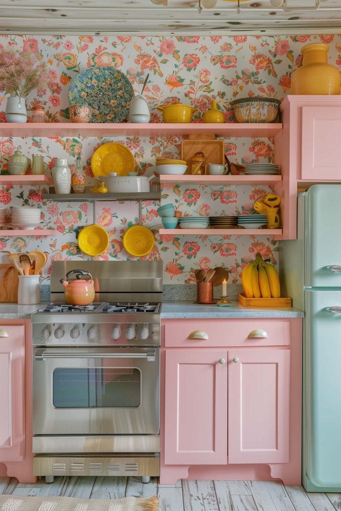 A vibrant eclectic kitchen with pink cabinets, bold patterned wallpaper, and retro appliances. The design includes colorful accessories and open shelving.