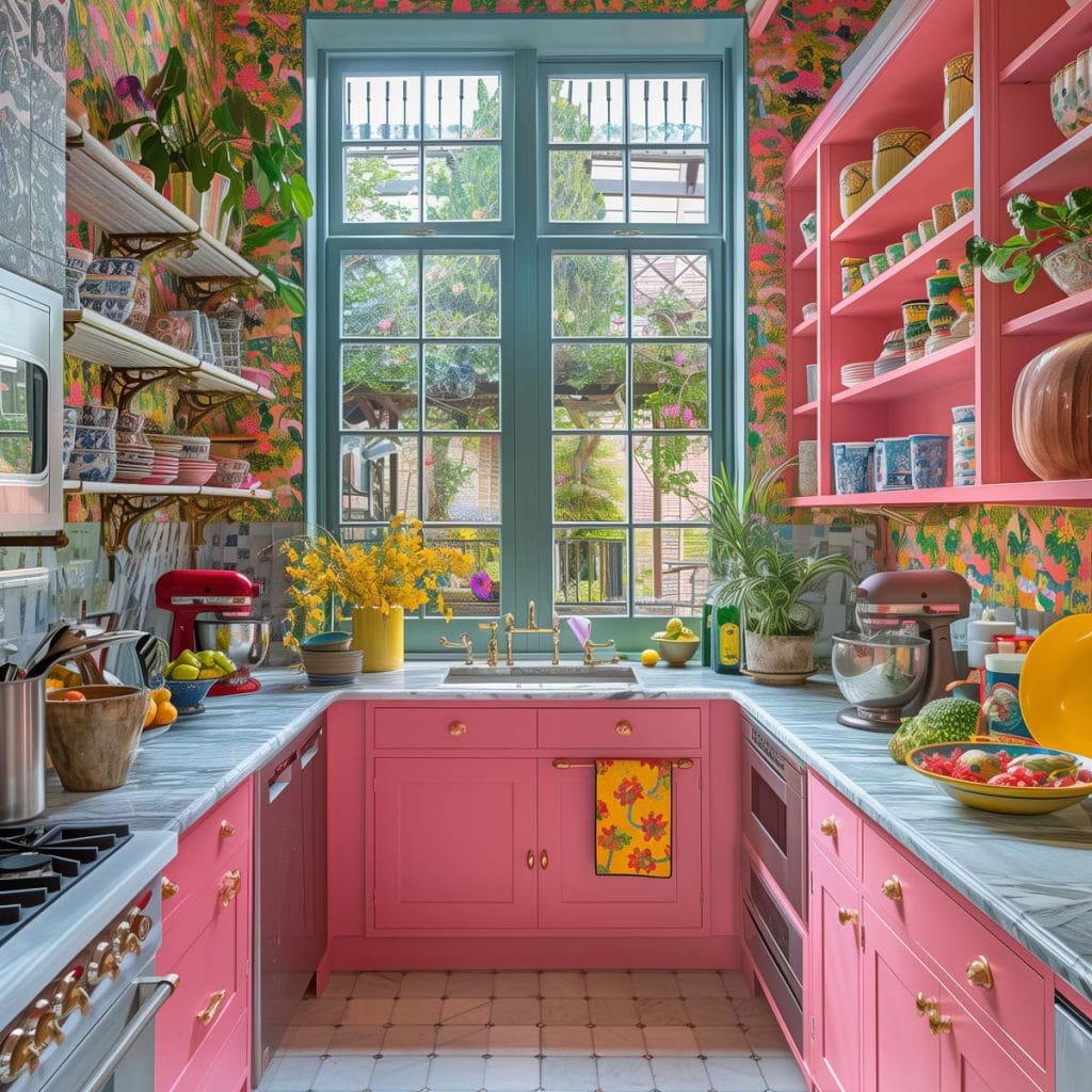 A vibrant eclectic kitchen with pink cabinets, bold patterned wallpaper, and retro appliances. The design includes colorful accessories and open shelving.