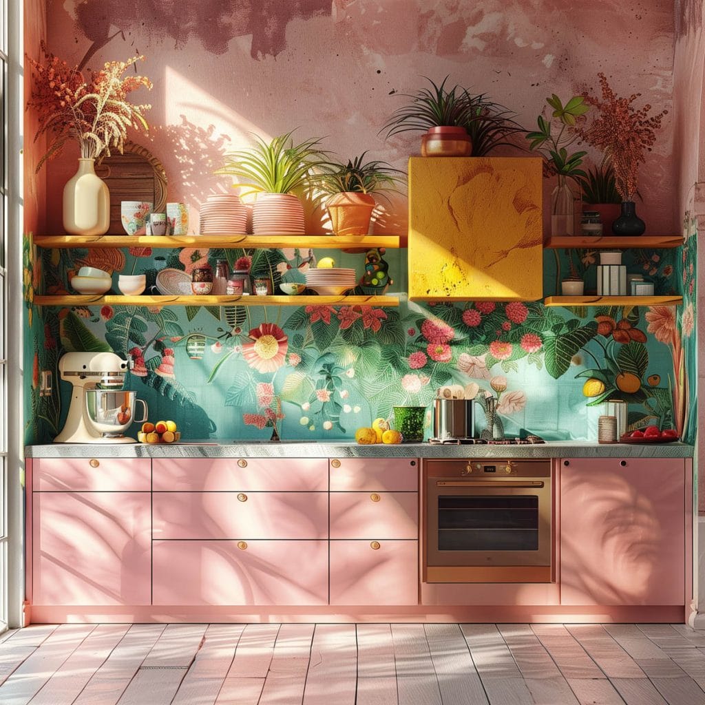 A vibrant eclectic kitchen with pink cabinets, bold patterned wallpaper, and retro appliances. The design includes colorful accessories and open shelving.