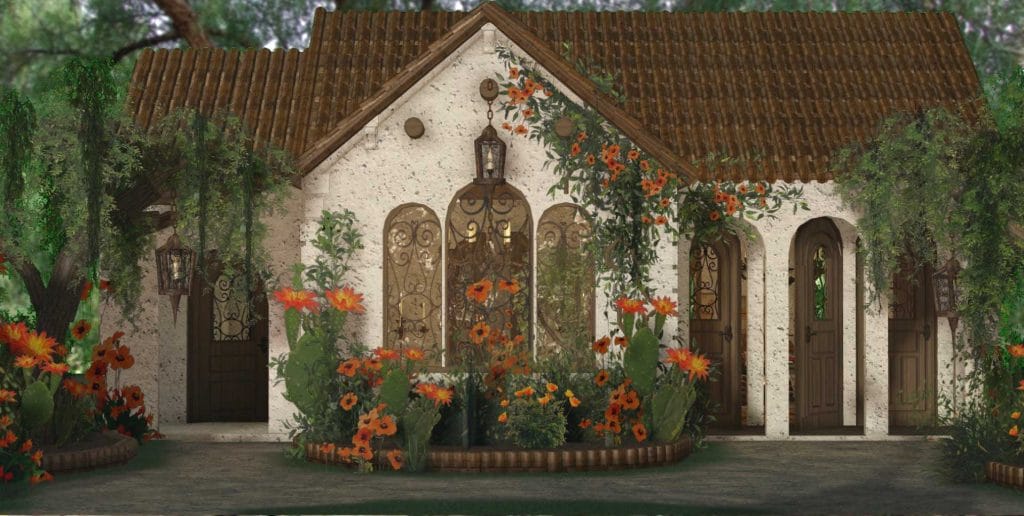 A beautiful Spanish house with white stucco walls, decorative ironwork, a terracotta roof, and bright orange flowers.