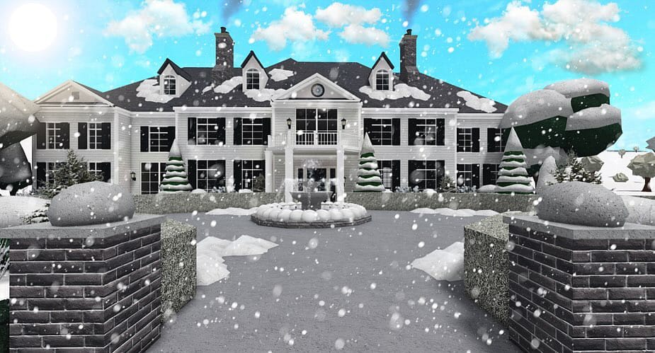 A grand mansion set in a snowy landscape, adorned with winter decorations and a welcoming ambiance.