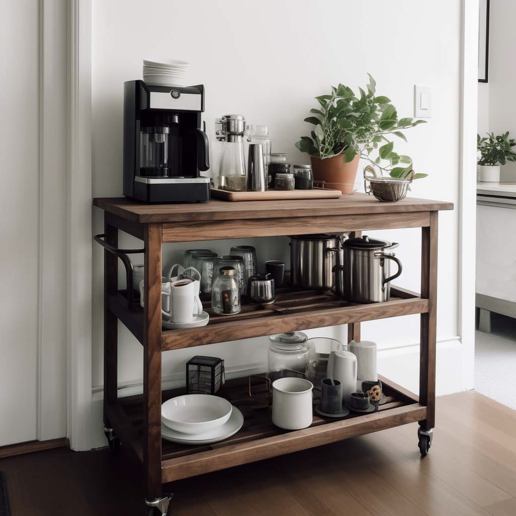 A stylish and functional mobile beverage hub featuring a dark wooden cart with three shelves. The cart includes a coffee machine, assorted mugs, jars, and a potted plant, combining practicality with a touch of natural decor.