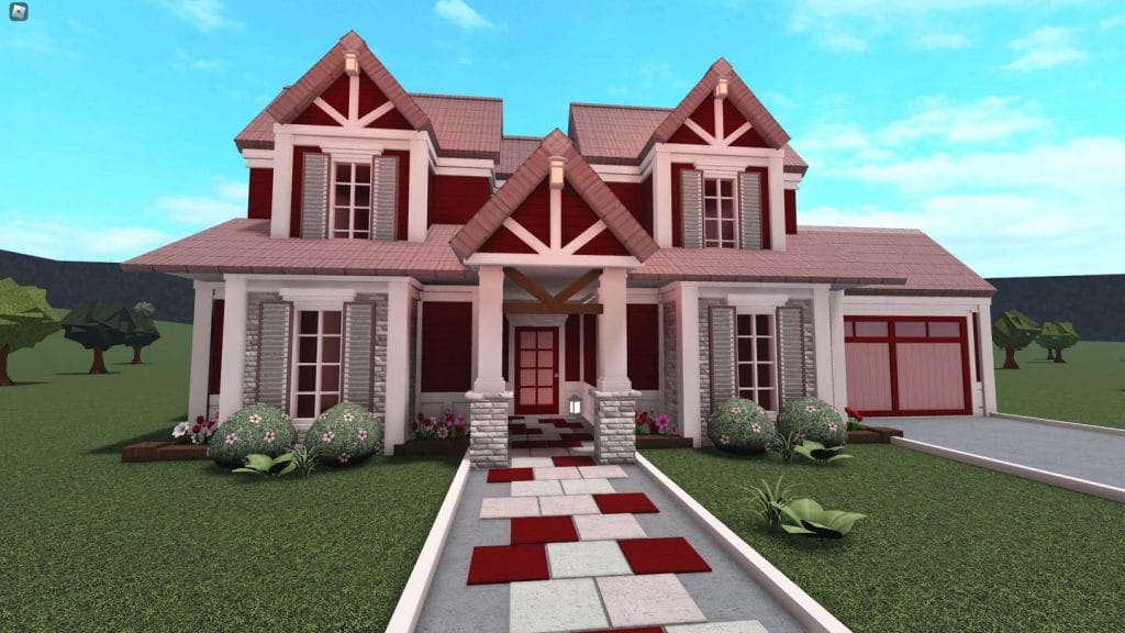 A charming two-story house decorated for Valentine’s, with heart-themed decor and a cozy atmosphere.