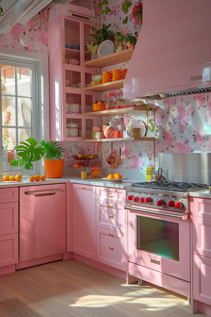 A vibrant eclectic kitchen with pink cabinets, bold patterned wallpaper, and retro appliances. The design includes colorful accessories and open shelving.