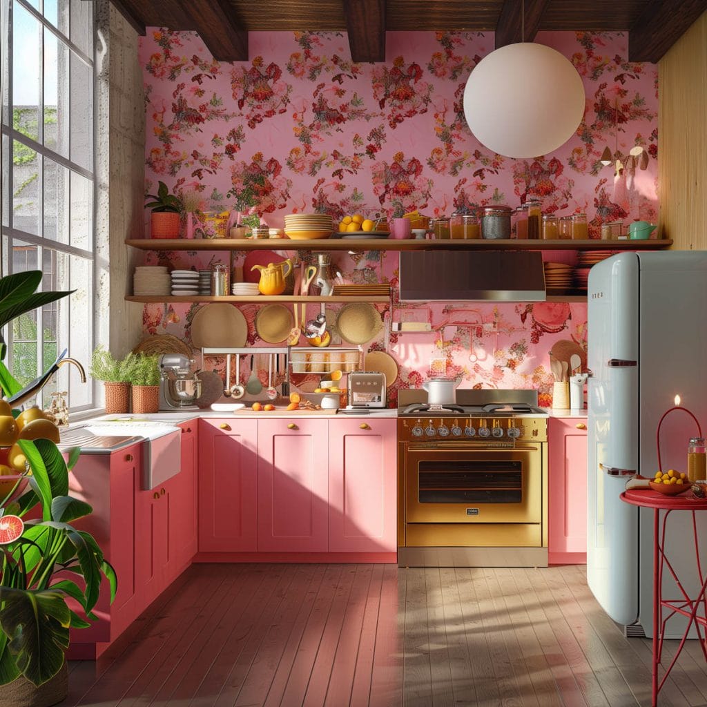 A vibrant eclectic kitchen with pink cabinets, bold patterned wallpaper, and retro appliances. The design includes colorful accessories and open shelving.