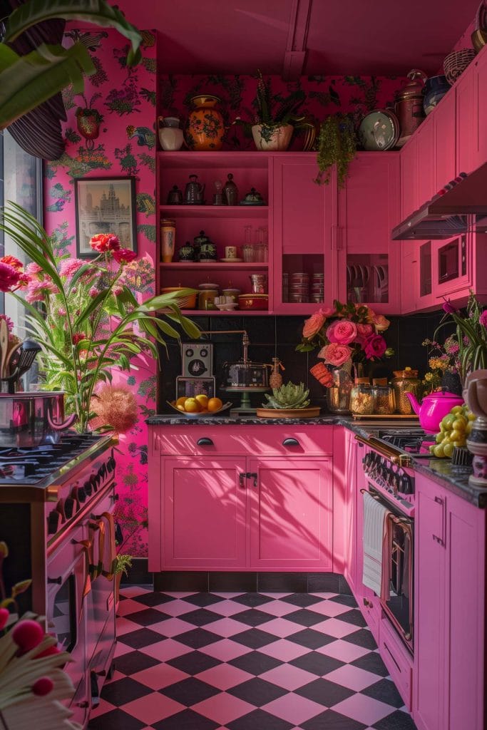 A vibrant eclectic kitchen with pink cabinets, bold patterned wallpaper, and retro appliances. The design includes colorful accessories and open shelving.