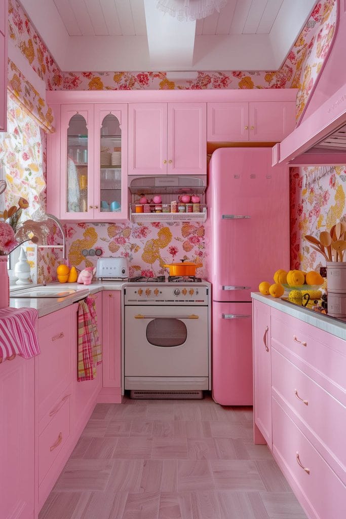 A vibrant eclectic kitchen with pink cabinets, bold patterned wallpaper, and retro appliances. The design includes colorful accessories and open shelving.