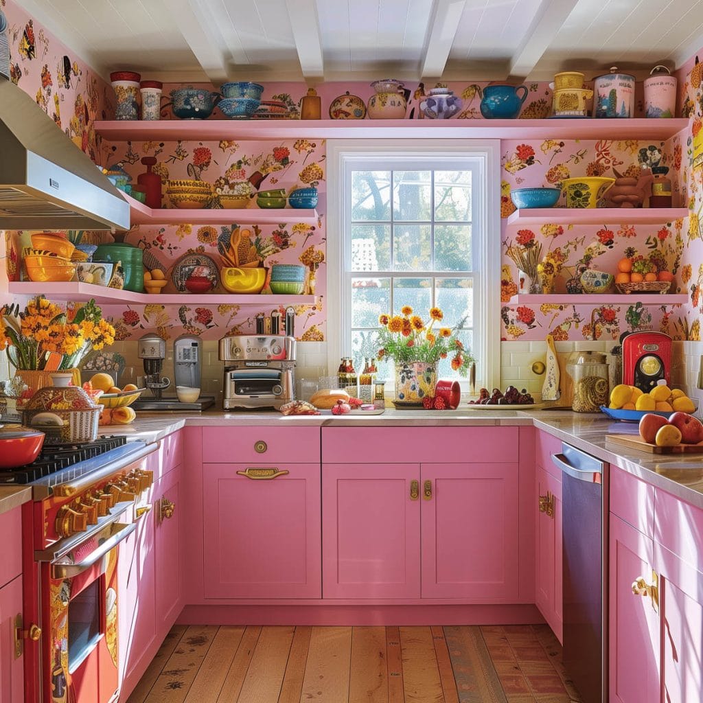 A vibrant eclectic kitchen with pink cabinets, bold patterned wallpaper, and retro appliances. The design includes colorful accessories and open shelving.