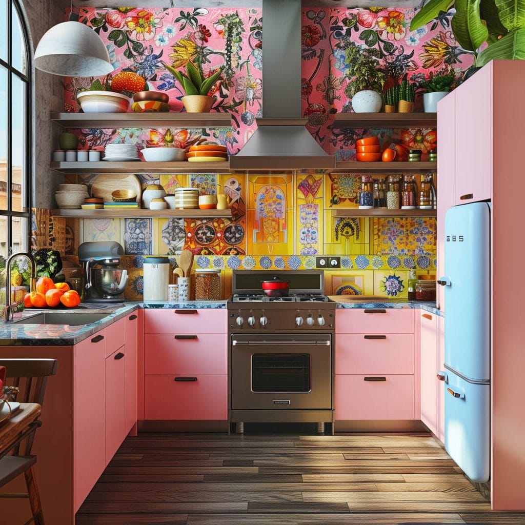 A vibrant eclectic kitchen with pink cabinets, bold patterned wallpaper, and retro appliances. The design includes colorful accessories and open shelving.