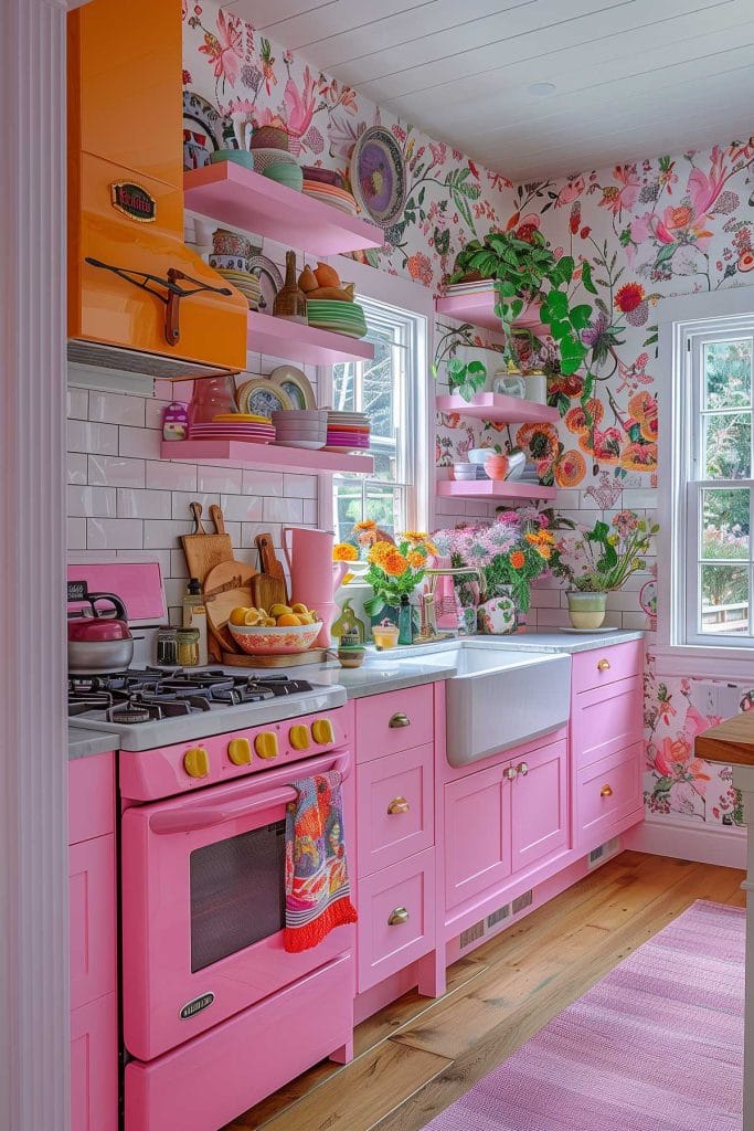 A vibrant eclectic kitchen with pink cabinets, bold patterned wallpaper, and retro appliances. The design includes colorful accessories and open shelving.