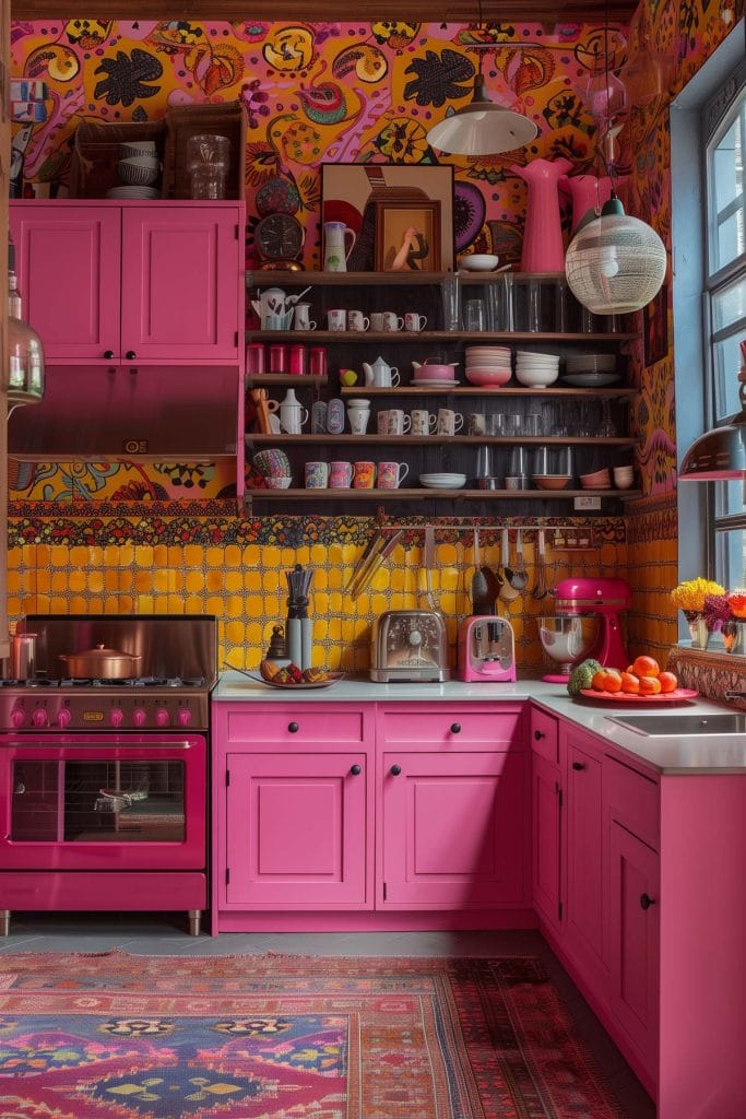 A vibrant eclectic kitchen with pink cabinets, bold patterned wallpaper, and retro appliances. The design includes colorful accessories and open shelving.