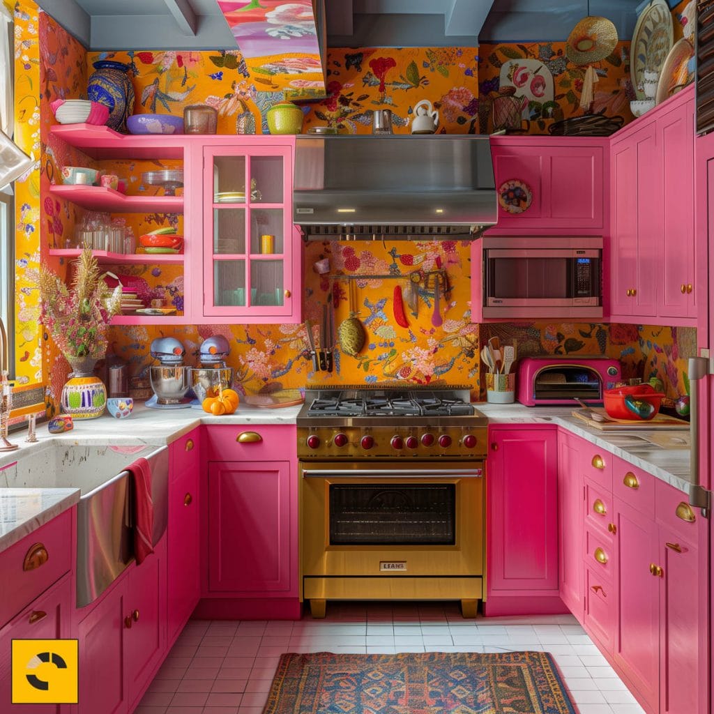 A vibrant eclectic kitchen with pink cabinets, bold patterned wallpaper, and retro appliances. The design includes colorful accessories and open shelving.