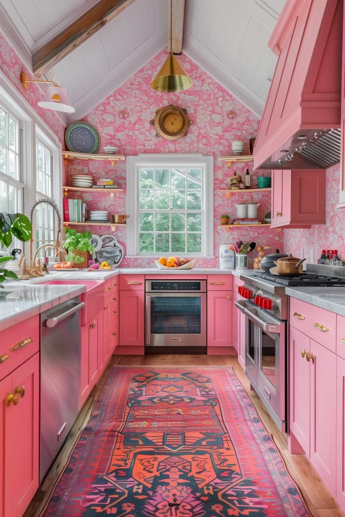 A vibrant eclectic kitchen with pink cabinets, bold patterned wallpaper, and retro appliances. The design includes colorful accessories and open shelving.