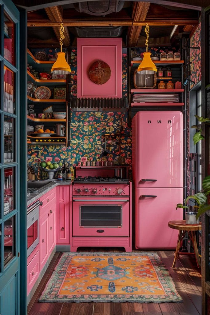 A vibrant eclectic kitchen with pink cabinets, bold patterned wallpaper, and retro appliances. The design includes colorful accessories and open shelving.