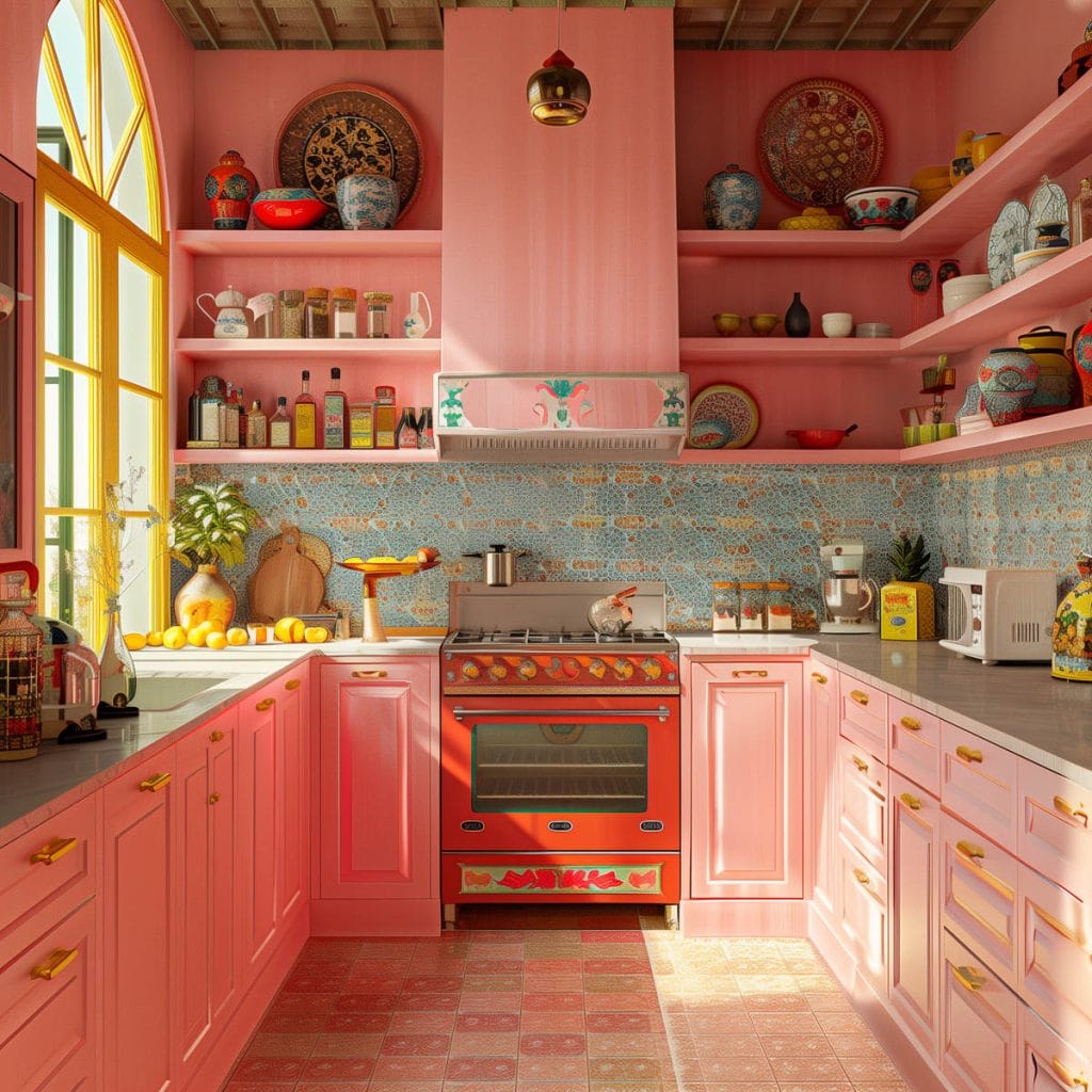 A vibrant eclectic kitchen with pink cabinets, bold patterned wallpaper, and retro appliances. The design includes colorful accessories and open shelving.