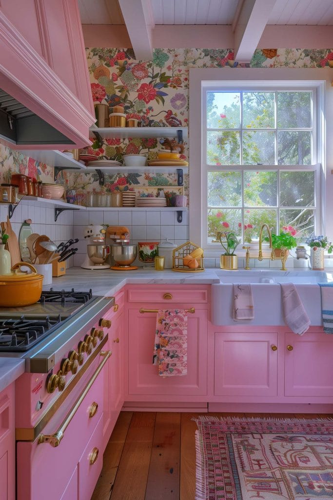 A vibrant eclectic kitchen with pink cabinets, bold patterned wallpaper, and retro appliances. The design includes colorful accessories and open shelving.