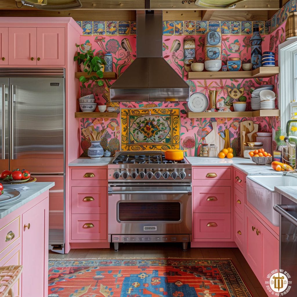 A vibrant eclectic kitchen with pink cabinets, bold patterned wallpaper, and retro appliances. The design includes colorful accessories and open shelving.