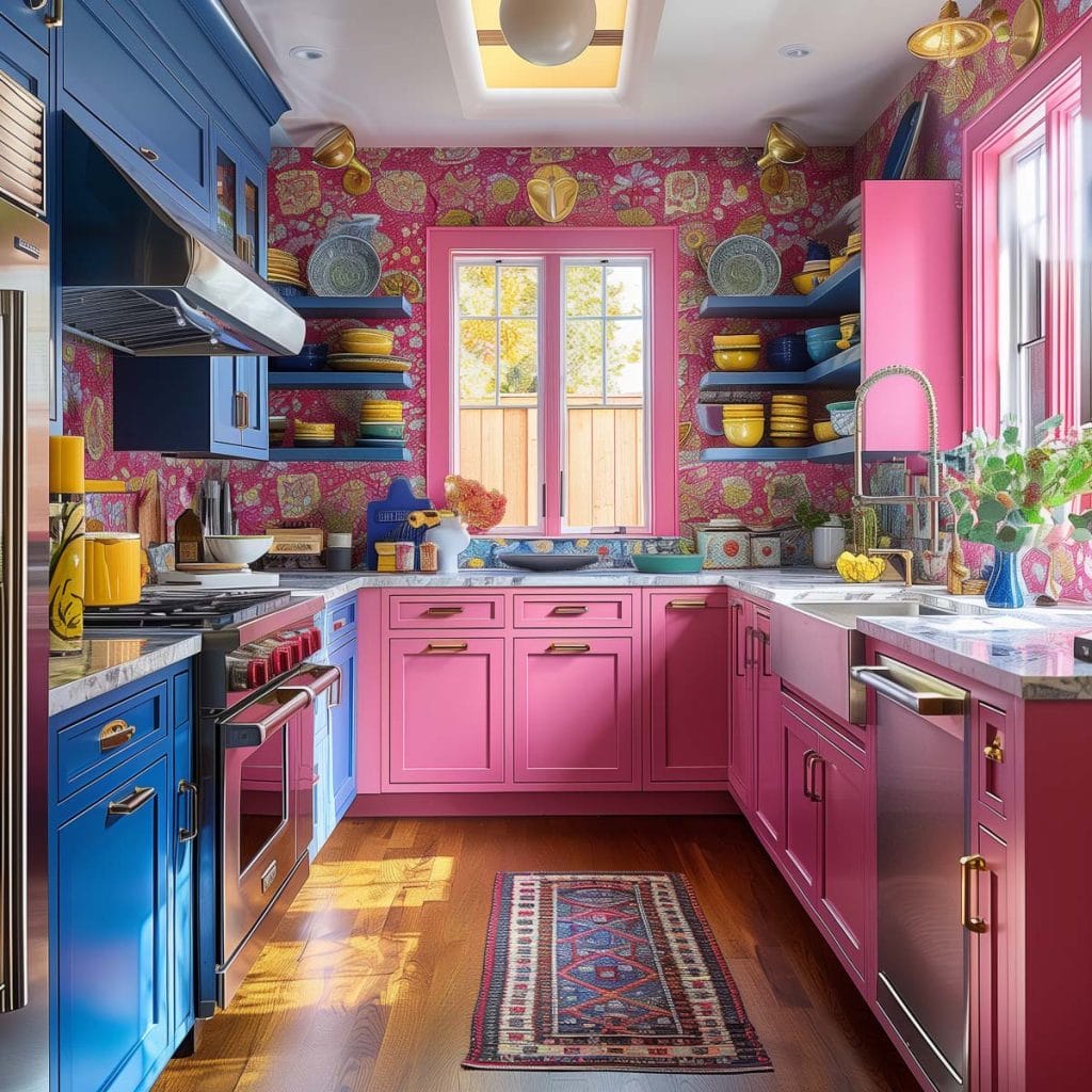 A vibrant eclectic kitchen with pink cabinets, bold patterned wallpaper, and retro appliances. The design includes colorful accessories and open shelving.