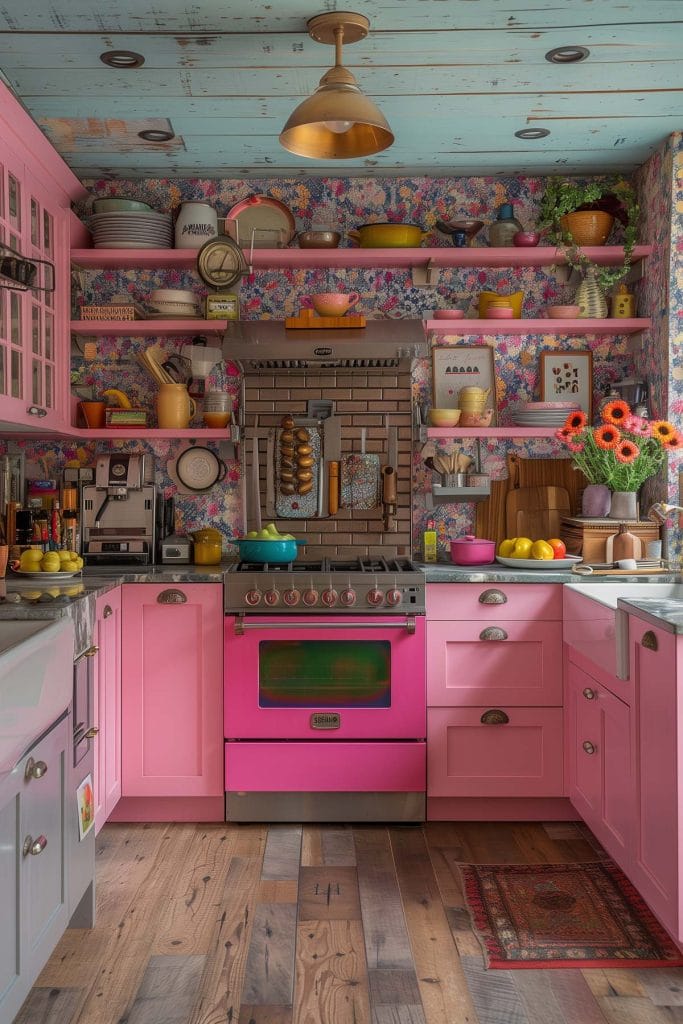 A vibrant eclectic kitchen with pink cabinets, bold patterned wallpaper, and retro appliances. The design includes colorful accessories and open shelving.