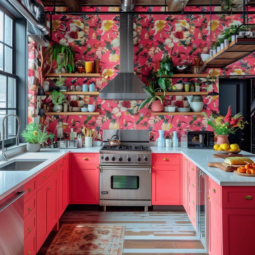 A vibrant eclectic kitchen with pink cabinets, bold patterned wallpaper, and retro appliances. The design includes colorful accessories and open shelving.