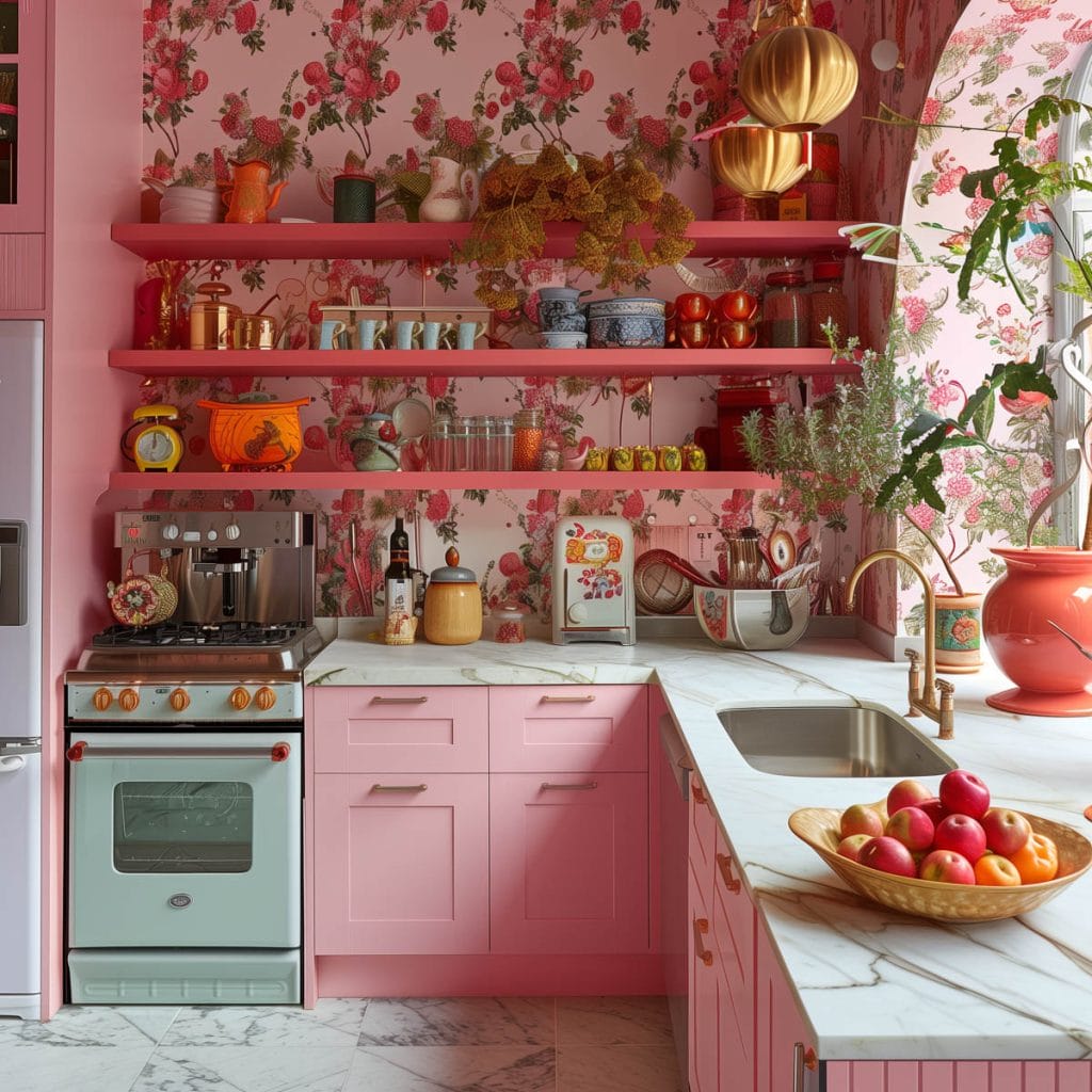 A vibrant eclectic kitchen with pink cabinets, bold patterned wallpaper, and retro appliances. The design includes colorful accessories and open shelving.