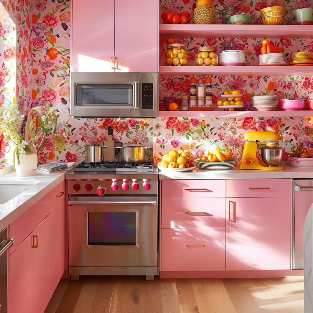 A vibrant eclectic kitchen with pink cabinets, bold patterned wallpaper, and retro appliances. The design includes colorful accessories and open shelving.