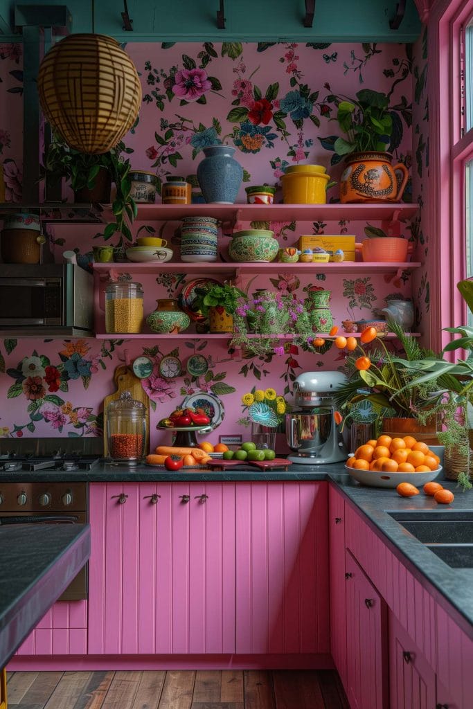 A vibrant eclectic kitchen with pink cabinets, bold patterned wallpaper, and retro appliances. The design includes colorful accessories and open shelving.