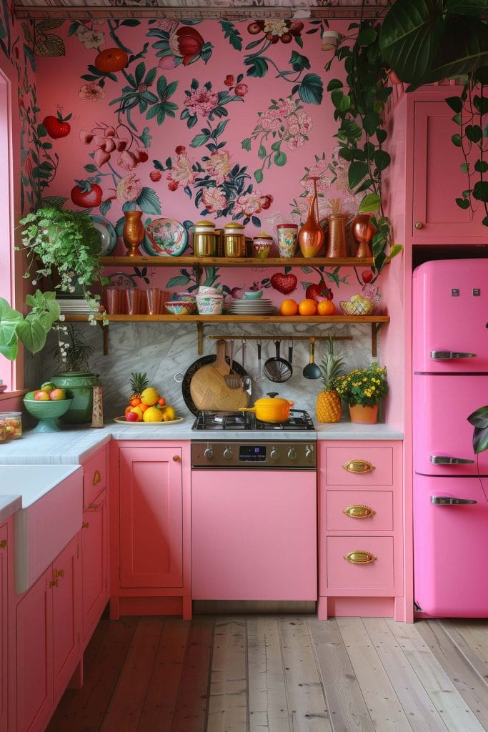 A vibrant eclectic kitchen with pink cabinets, bold patterned wallpaper, and retro appliances. The design includes colorful accessories and open shelving.