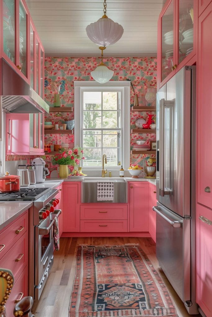 A vibrant eclectic kitchen with pink cabinets, bold patterned wallpaper, and retro appliances. The design includes colorful accessories and open shelving.