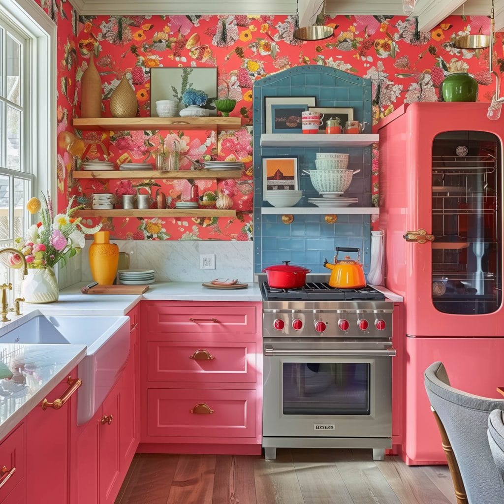 A vibrant eclectic kitchen with pink cabinets, bold patterned wallpaper, and retro appliances. The design includes colorful accessories and open shelving.