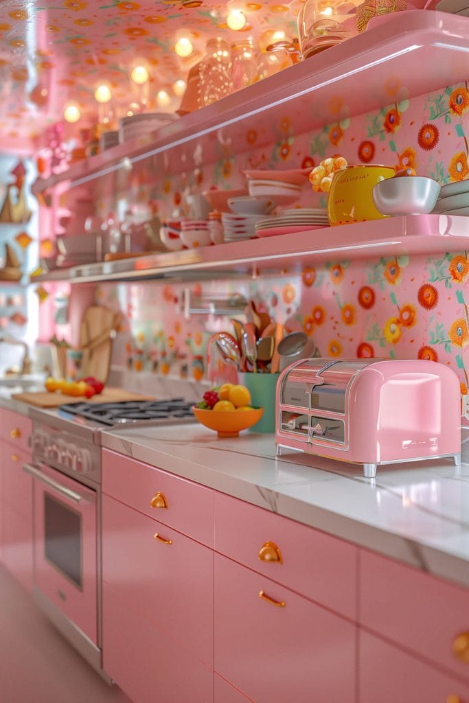 A vibrant eclectic kitchen with pink cabinets, bold patterned wallpaper, and retro appliances. The design includes colorful accessories and open shelving.