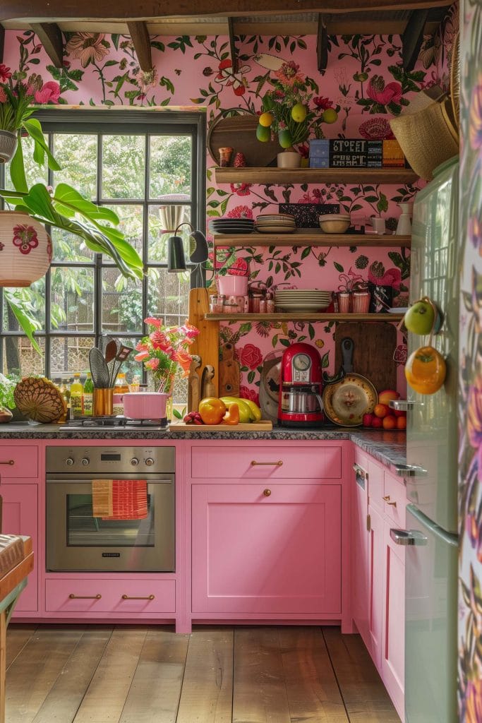 A vibrant eclectic kitchen with pink cabinets, bold patterned wallpaper, and retro appliances. The design includes colorful accessories and open shelving.