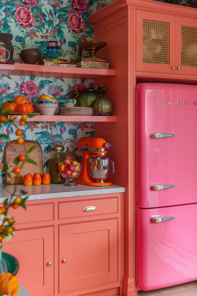 A vibrant eclectic kitchen with pink cabinets, bold patterned wallpaper, and retro appliances. The design includes colorful accessories and open shelving.