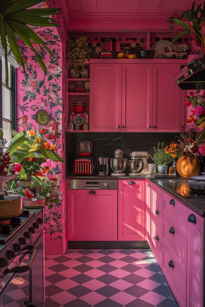 A vibrant eclectic kitchen with pink cabinets, bold patterned wallpaper, and retro appliances. The design includes colorful accessories and open shelving.