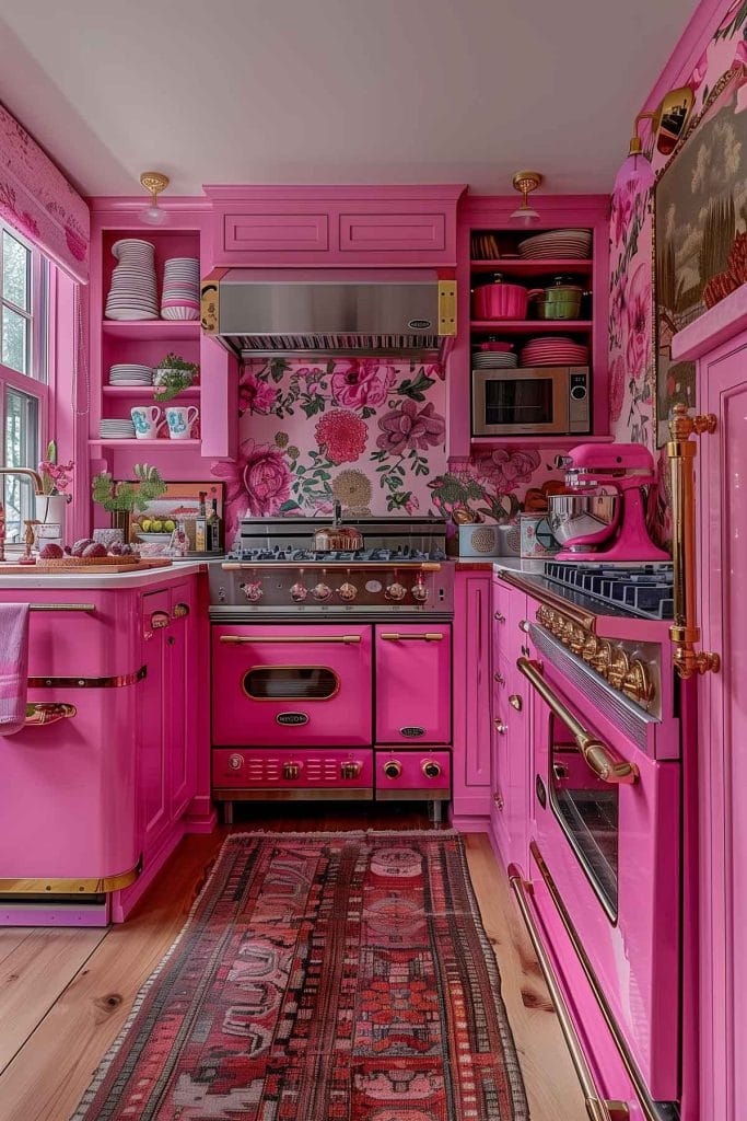 A vibrant eclectic kitchen with pink cabinets, bold patterned wallpaper, and retro appliances. The design includes colorful accessories and open shelving.