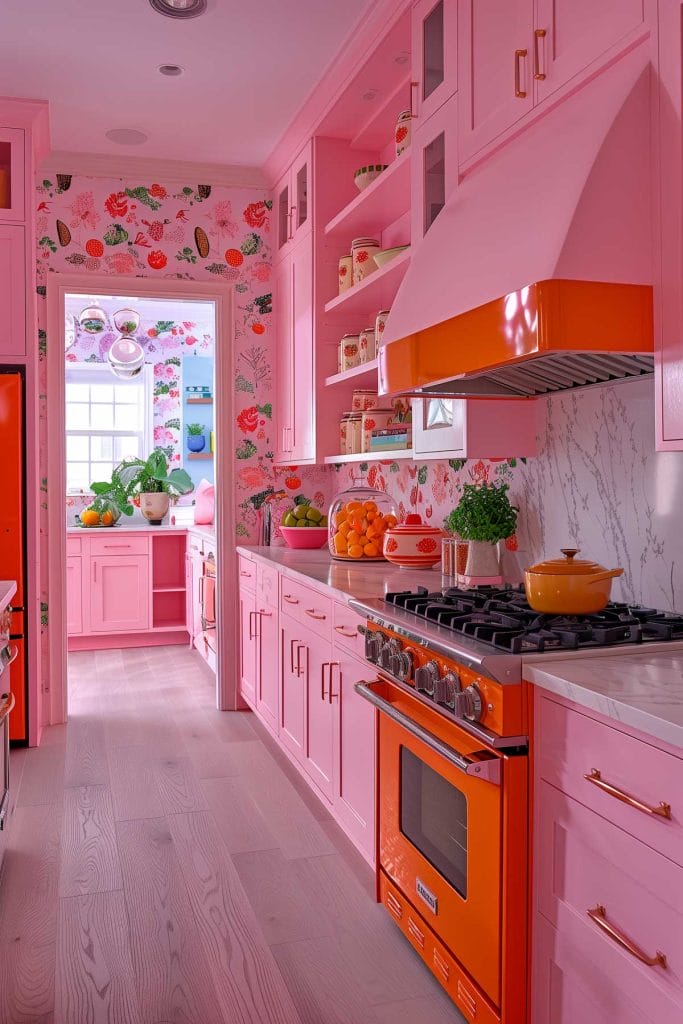 A vibrant eclectic kitchen with pink cabinets, bold patterned wallpaper, and retro appliances. The design includes colorful accessories and open shelving.