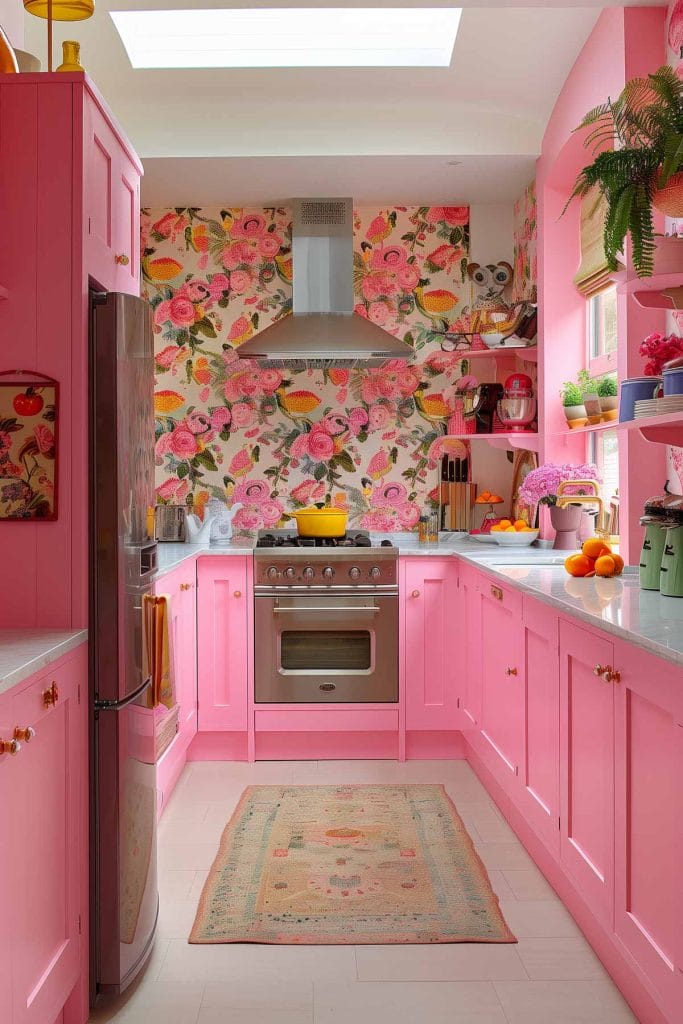 A vibrant eclectic kitchen with pink cabinets, bold patterned wallpaper, and retro appliances. The design includes colorful accessories and open shelving.