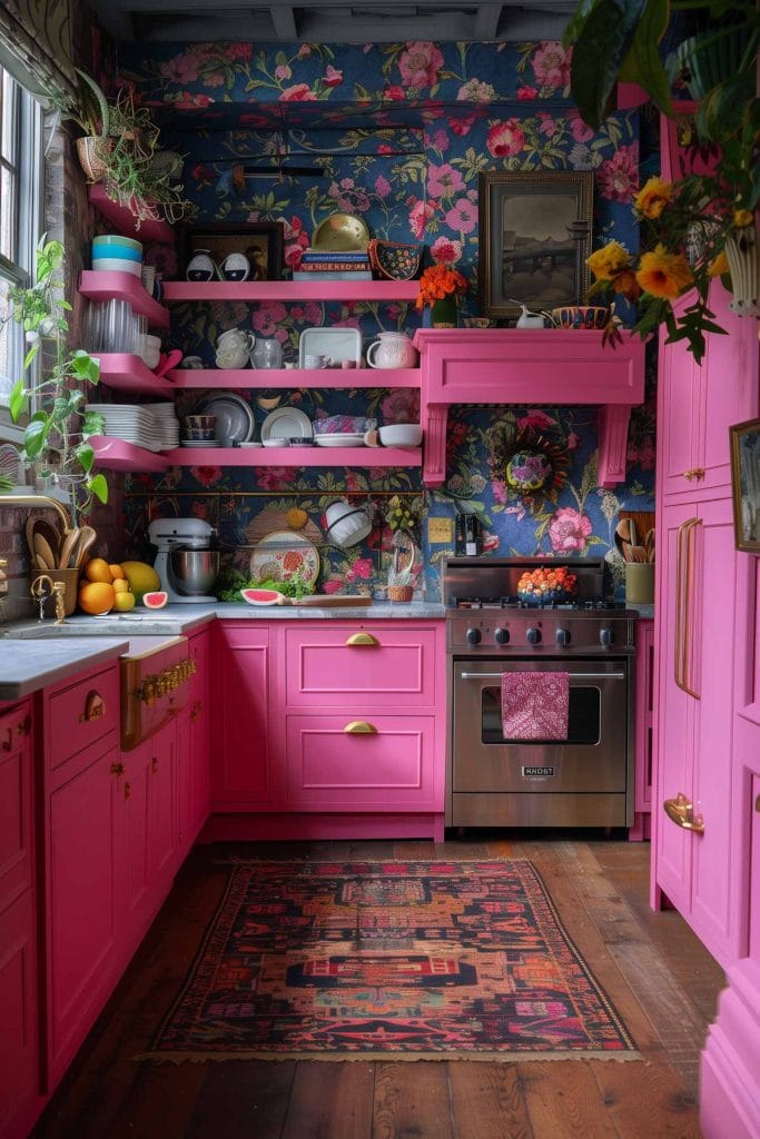 A vibrant eclectic kitchen with pink cabinets, bold patterned wallpaper, and retro appliances. The design includes colorful accessories and open shelving.