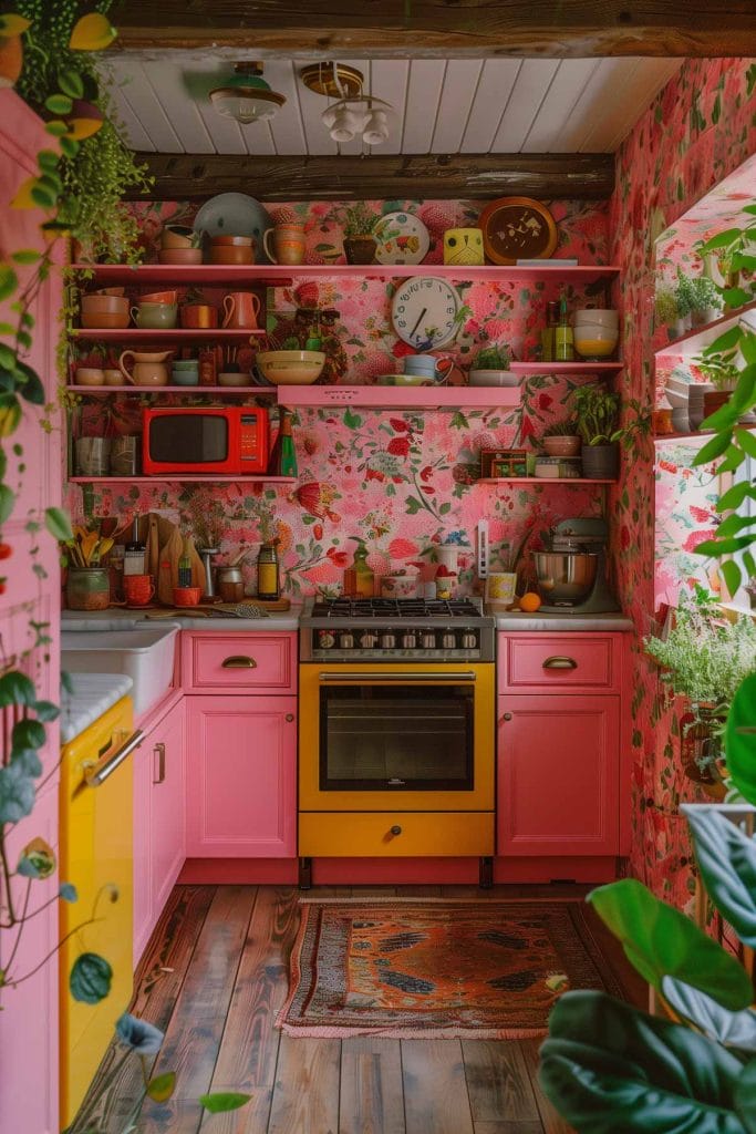 A vibrant eclectic kitchen with pink cabinets, bold patterned wallpaper, and retro appliances. The design includes colorful accessories and open shelving.