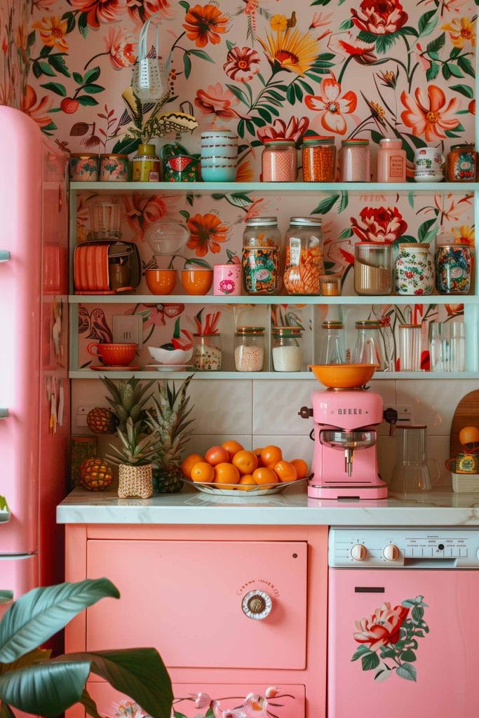 A vibrant eclectic kitchen with pink cabinets, bold patterned wallpaper, and retro appliances. The design includes colorful accessories and open shelving.