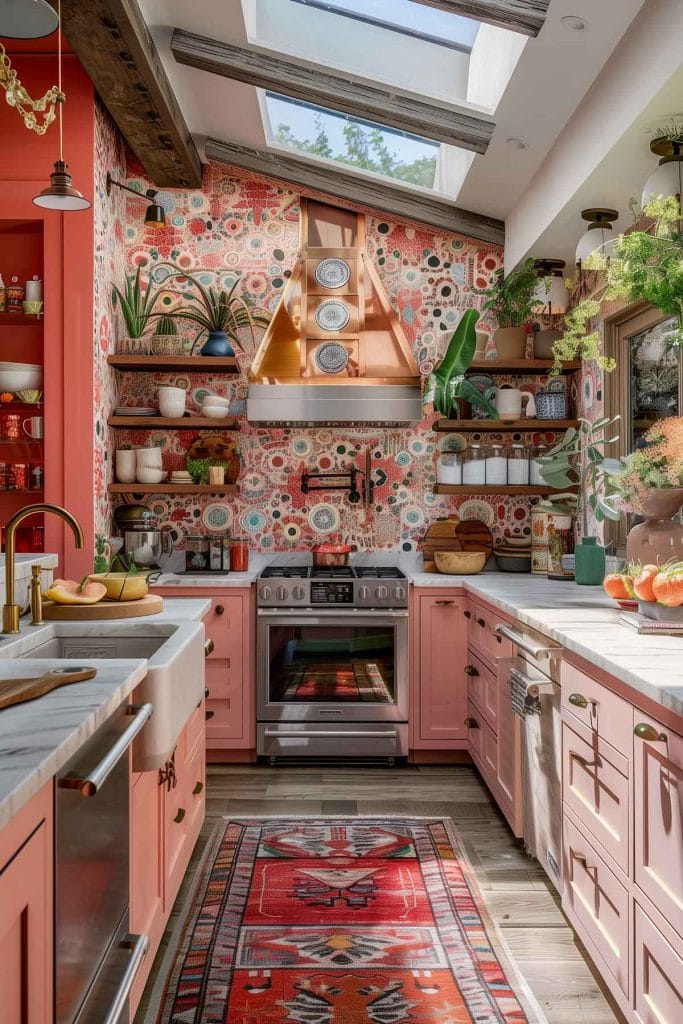 A vibrant eclectic kitchen with pink cabinets, bold patterned wallpaper, and retro appliances. The design includes colorful accessories and open shelving.