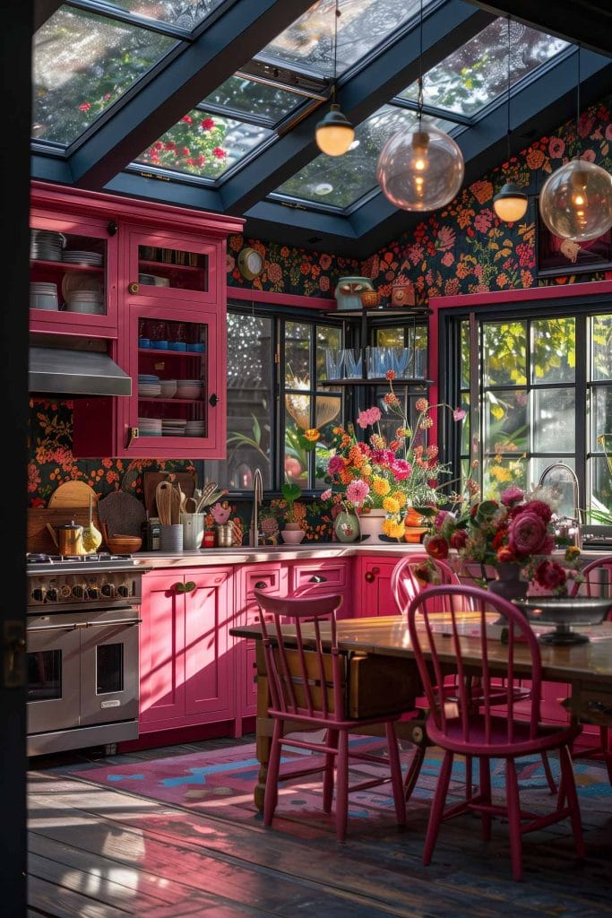 A vibrant eclectic kitchen with pink cabinets, bold patterned wallpaper, and retro appliances. The design includes colorful accessories and open shelving.