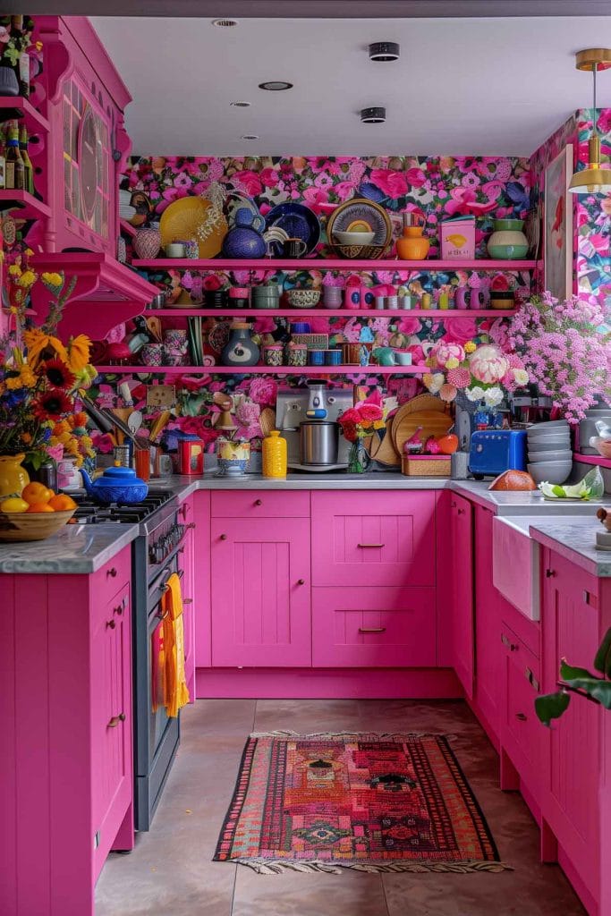 A vibrant eclectic kitchen with pink cabinets, bold patterned wallpaper, and retro appliances. The design includes colorful accessories and open shelving.