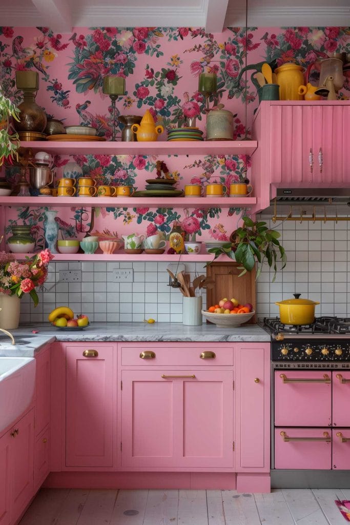 A vibrant eclectic kitchen with pink cabinets, bold patterned wallpaper, and retro appliances. The design includes colorful accessories and open shelving.