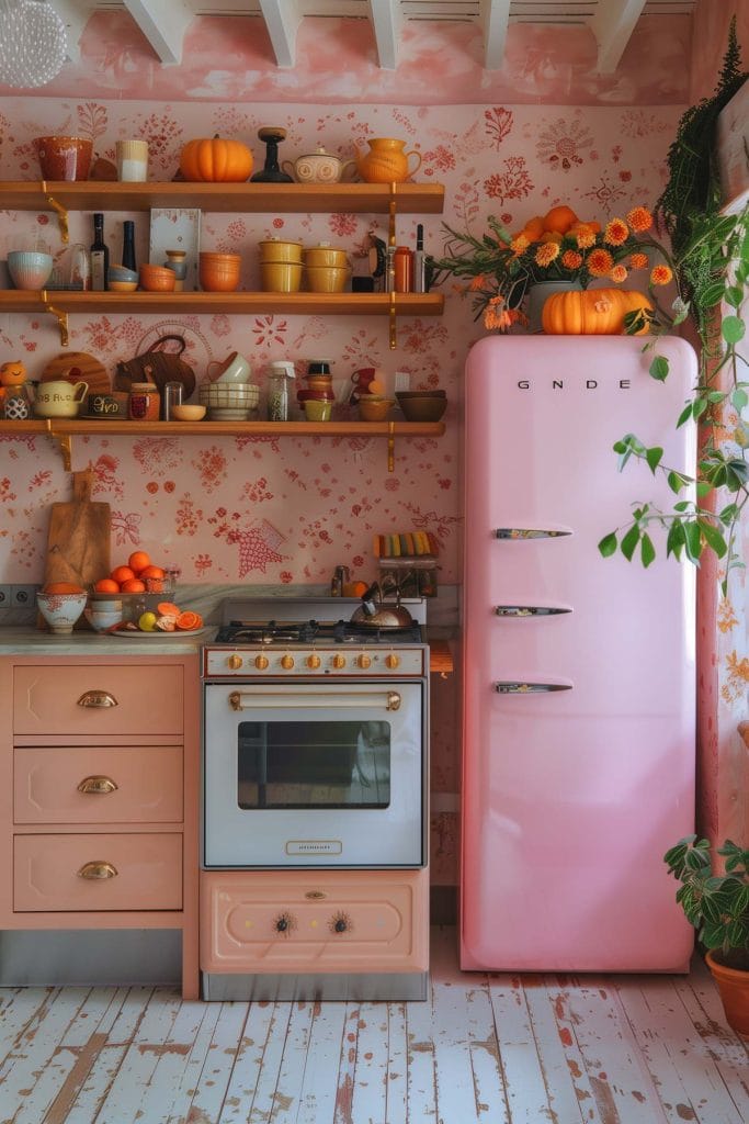 A vibrant eclectic kitchen with pink cabinets, bold patterned wallpaper, and retro appliances. The design includes colorful accessories and open shelving.