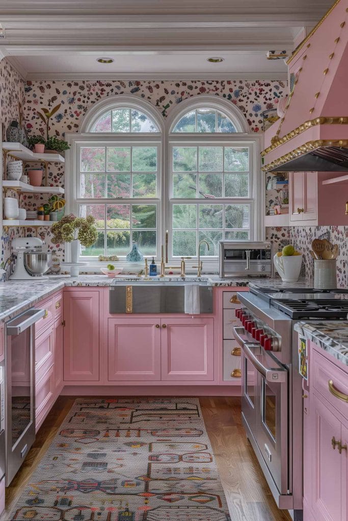 A vibrant eclectic kitchen with pink cabinets, bold patterned wallpaper, and retro appliances. The design includes colorful accessories and open shelving.