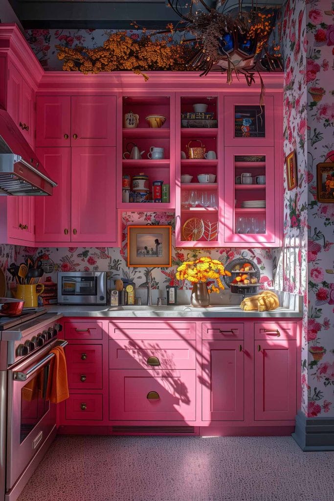 A vibrant eclectic kitchen with pink cabinets, bold patterned wallpaper, and retro appliances. The design includes colorful accessories and open shelving.