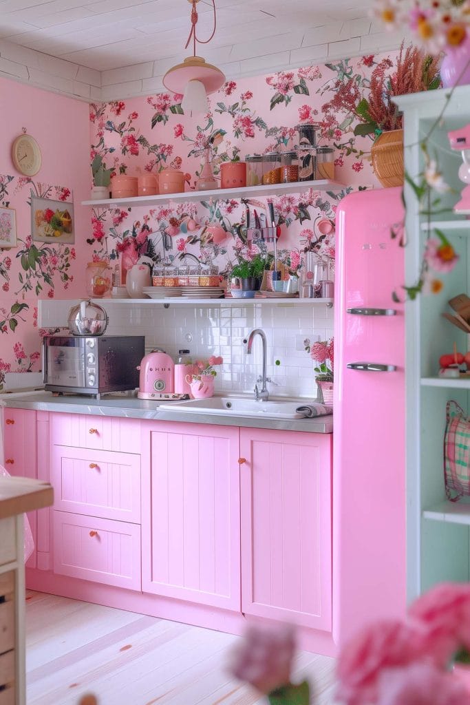 A vibrant eclectic kitchen with pink cabinets, bold patterned wallpaper, and retro appliances. The design includes colorful accessories and open shelving.