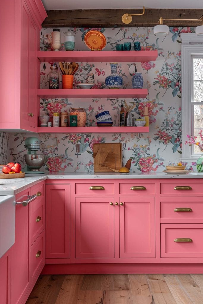 A vibrant eclectic kitchen with pink cabinets, bold patterned wallpaper, and retro appliances. The design includes colorful accessories and open shelving.